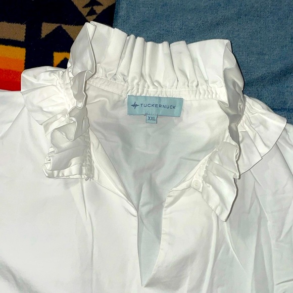 Tuckernuck White Stretch Poplin Ruffle Neck Bouvier Blouse sz XXL. - Picture 8 of 11